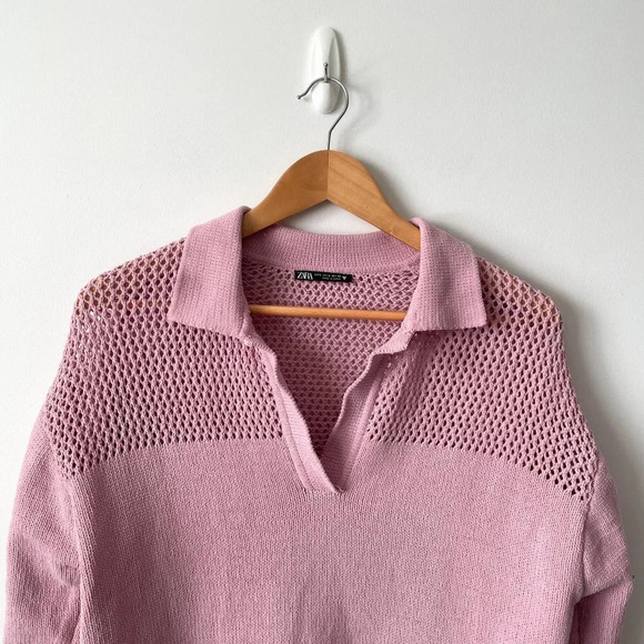 Zara Cropped Chenille Knit Collared Pullover  Sweater Pink Size Small - Picture 3 of 6